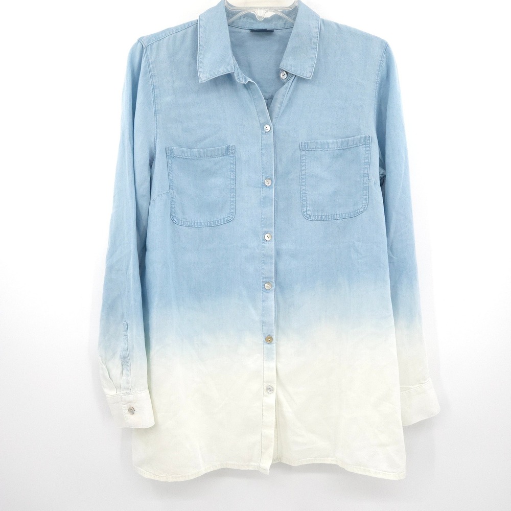 J.Jill Denim Button Down‎ Shirt Womens Small Blue White Ombre Dip Dye Tunic Top